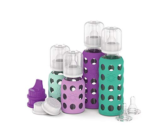 Image of Lifefactory Baby Bottle Starter Set 10-Piece | 4 oz Mint & Lavender, 9 oz Kale & Grape | Includes Flat Caps, Sippy Caps, Stage 2 Nipples