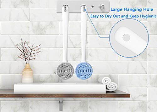 Soft Silicone Body Scrubber, AuroTrends 2021 New Bath Body Brush with Long Handle for Shower, BPA-Free, Non-Slip, Built-in & Removable Sponge (Blue)