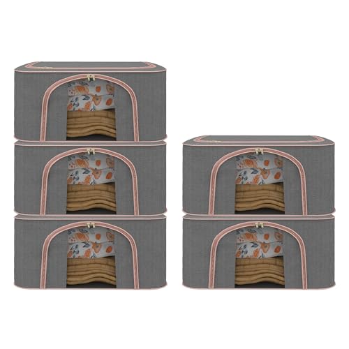 Image of Kuber Industries Pack of 5 Foldable 66 Liter Cloth Organizer for Storage with Steel Frames, Zip & Handles | See Through Saree Organiser for Wardrobe, Seasonal & Home Items | LJ-1-GRY | Grey