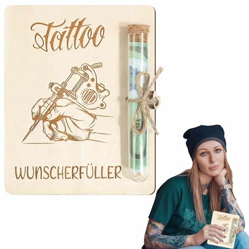 Tattoo Geschenk aus Holz Verpackung für Geldgeschenke Tattoo, Kreative Geldgeschenk Verpackung mit Reagenzglas und Herzanhänger, Geschenkidee für Damen, Herren, Ostern & Karneval