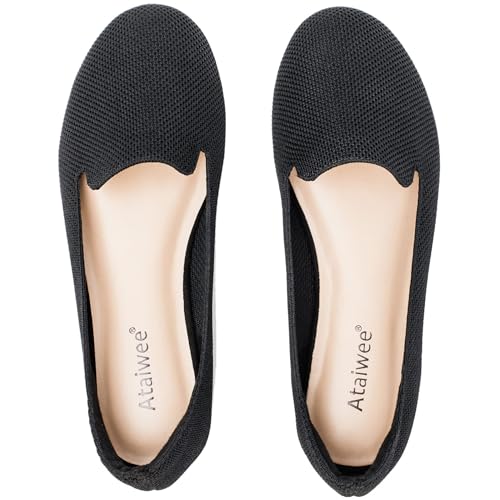 Image of Ataiwee Women's Wide Width Flat Shoes, Cute Plus Size Round Toe Slip on Loafer Shoes.(1910013-6,BK /FK,8.5 Wide)