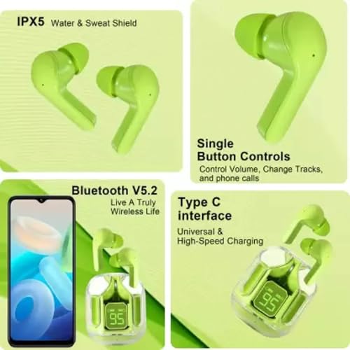 Image of Wireless Bluetooth Earbuds with Transparent Charging Case, Touch Control, Deep Bass Stereo Sound, Noise Reduction, Type-C Fast Charging, Water Resistant for Android and iPhone