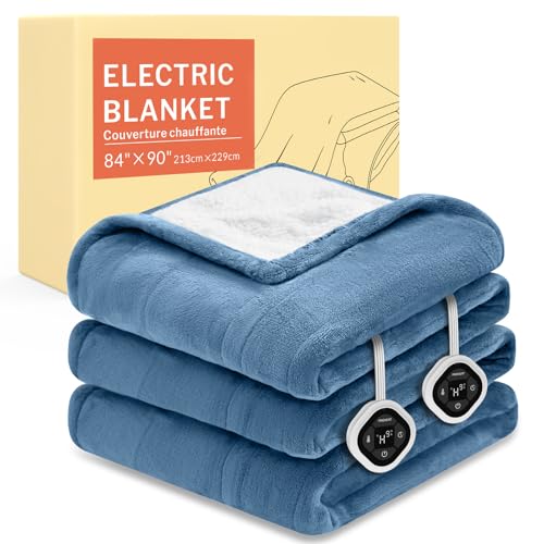 Image of HOMLYNS LuxeHeat Heated Blanket Electric Blanket Queen Size, Soft Flannel Sherpa Heating Blanket with 10 Heat Settings, 1-10 hrs Timer Auto Shut Off (84x90 inches, Blue), Only for 120V Voltage Use