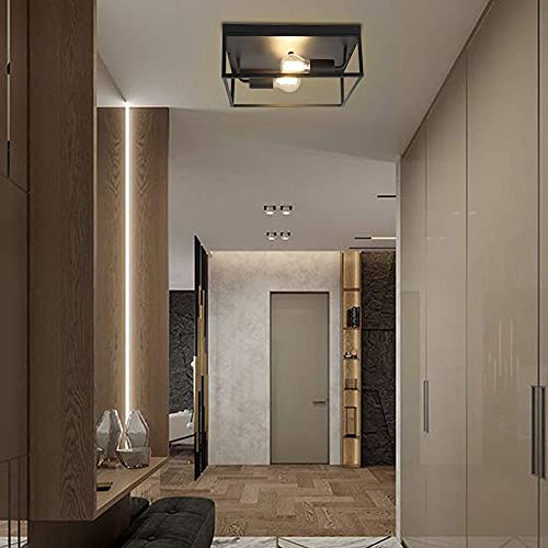 Dllt Industrial Metal Flush-Mount Ceiling Lighting Fixture, 13” Square Farmhouse Close To Ceiling Light For Kitchen Hallway Bedroom Foyer Dining Room, Front Porch, Outdoor, Matte Black, 2-Light #TOP5
