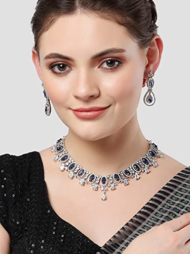 Image of Karatcart Silver Tone Green American Diamond Studded Necklace Set for Women