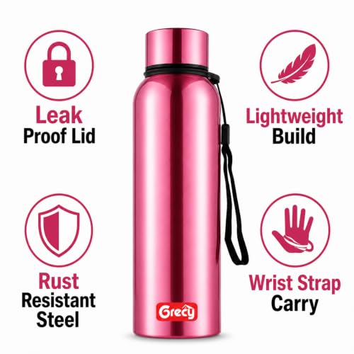 Image of GRECY Hydra Sip Steel Water Bottle 1000ml Metallic Pink | Leak Proof | BPA Free | Food Grade Stainless Steel | Rust Proof | Single Wall | Odour Free | Lightweight | School Office Travel