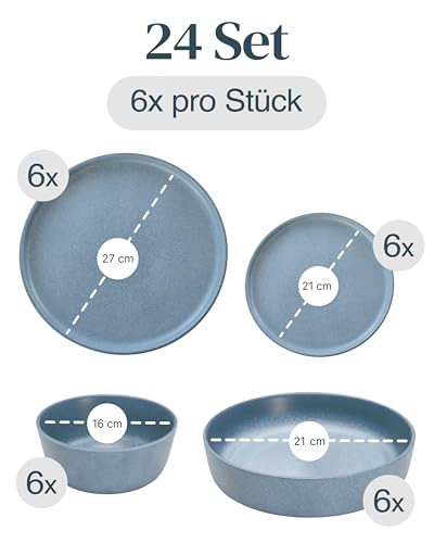 Steingut Geschirrset 6 Pers. 24-tlg Hochwertiges Urban Style TEST SEHR GUT Steingut Geschirr Set - Schüssel- und Teller Set - Tafelservice 6 Personen Geschirrsets Pure Living in matt Blau