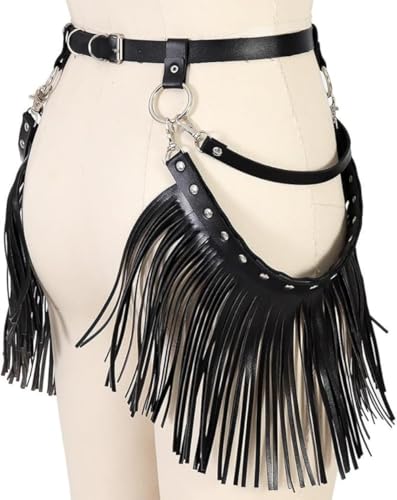 XGOPTS Women Leather Tassel Fringe Belt Gothic Tassel Waist Belt Western Punk Skirt Belts Body Cage Harness Cinch Belt, Black2