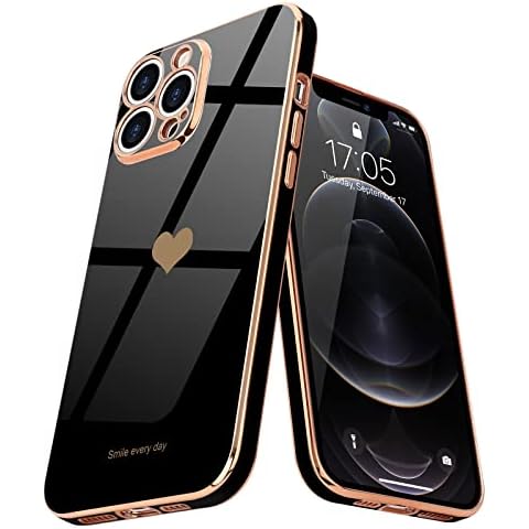 Teageo for iPhone 12 Pro Max Case Cute Heart Pattern for Women Girls Slim Luxury Bling Plating Soft TPU Anti-Scratch Shockproof Bumper Phone Case for iPhone 12 Pro Max, Black Cover
