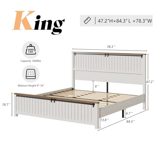 AMERLIFE Rustic King Size Bed Frame with Sliding Barn Door and Tall Headboard, No Box Spring Needed, White