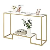 COSTWAY 121cm Console Table, Modern Tempered Glass Slim Entryway Table Sofa Side Table with Storage Shelves, Golden Metal Frame Long Narrow Couch Accent Table for Hallway, Foyer and Living Room