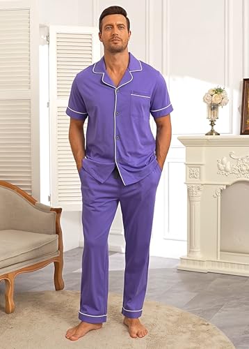 Image of COLORFULLEAF 100% Cotton Mens Pajamas Set Short Sleeve Loungewear with Long Pants Button Down Sleepwear Soft Comfy Pj for Men