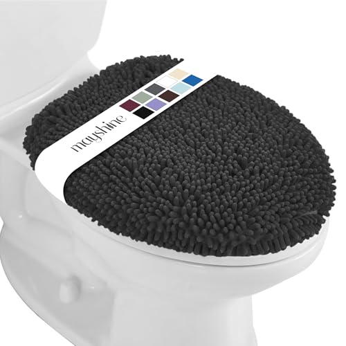 MAYSHINE Toilet Lid Cover - Black Plush Microfiber Oval Toilet Seat Covers for Bathroom Machine Washable Elongated Toilet Cover Seat Stretches up to 21x19
