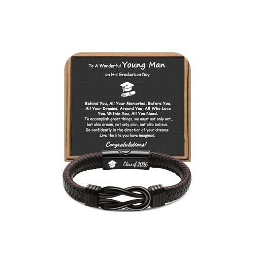 JoycuFF High School College Graduation Gifts for Men Him 2026, Graduation Leather Stainless Steel Knot Bracelets for Men, Class of 2026 Gifts for Him Son Grandson Boyfriend Brother