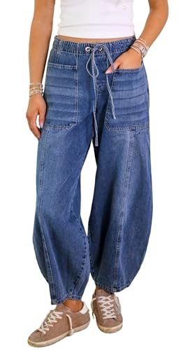 CHARTOU Women Summer Denim Wide Leg Pants Shirred Back Drawstring Waist Patchwork Tapered Barrel Jeans