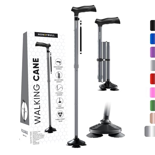 HONEYBULL Walking Cane for Men & Women Foldable, Adjustable, Heavy Duty, Free Standing, All Terrain, Collapsible Walking Sticks for Seniors & Adults