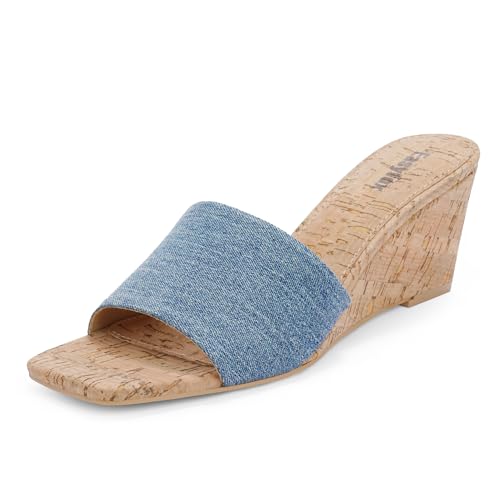 Easyfox Wedge Sandals for Women Open Toe Wedge Heels Womens High Heel Sandal Square Toe Heeled Wedge Sandals Wood Grain Slip on Wedge Mules
