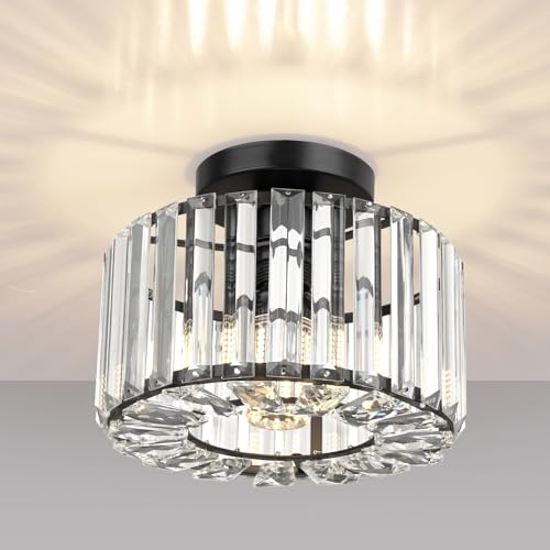 Image of FRIDEKO HOME Crystal Ceiling Light - Black Small Chandelier Semi Flush Mount Ceiling Light Fixture Modern Lights for Hallway Bathroom Kitchen Entryway (9.05 Inch, Bulb not Included)