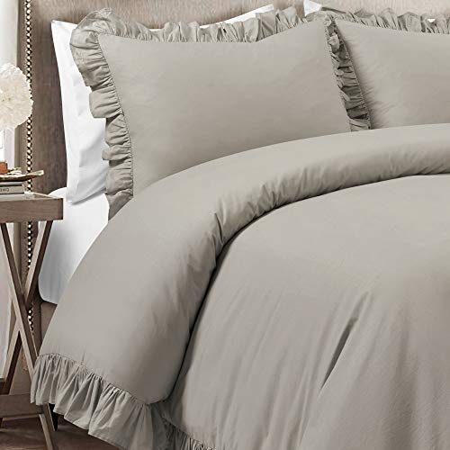Image of Lush Decor Reyna Ruffle Cotton Duvet Cover Set 3 Piece Set Full / Queen, Gray - Queen Size Bedding Set - Gray Duvet Queen- Ruffled Bedding - Coquette Decor