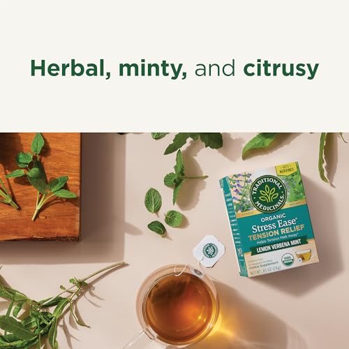 Image of Traditional Medicinals Organic, Stress Ease Tension Relief, Lemon Verbena Mint Tea - Supports Stress Relief - Kosher, Non-GMO, Caffeine-Free, Compostable - 16 Tea Bags