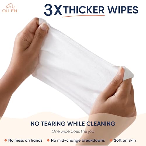 Image of OLLEN Extra Thick Baby Wipes with Lid | Water-Based, Unscented & Gentle on Skin | Plant-Based Fabric | Aloe Vera & Chamomile (Pack of 3)
