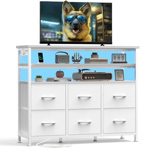 Image of DUMOS TV Stand for Up to 45 inch TV, Entertainment Center with Remote or App-Controlled LED Lights & Charging Station, Media Console Table with 6 Fabric Drawers, 2 Shelves for Living Room, White
