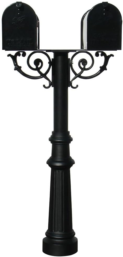 The Hanford Cast Aluminum Twin Mailbox Post System with Fluted Base, 2 E1 Mailboxes, Mounting Brackets and Scroll Supports, Ships in 2 boxes