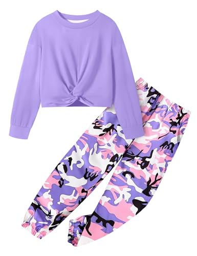 NECIOUS Girls Fall Outfits 5t Girls Clothes Size 6 Kids Fashion Twist Front Purple Sweatshirt Camo Pants 2 Piece Fall Winter Clothing Sets