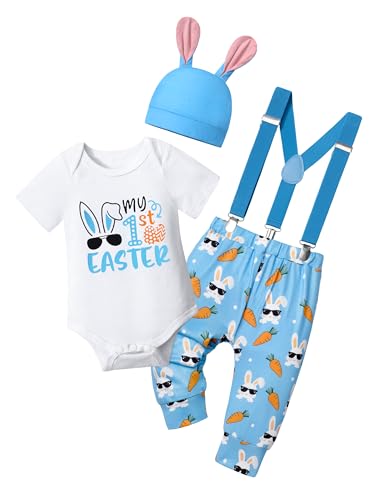AGAPENG Baby Boy Easter Outfit 3-6 Months My First Easter Baby Boy Outfit Easter Bunny Wearing Sunglasses Short Sleeve Onesie Romper + Suspender Pants + Rabbit Ears Hat