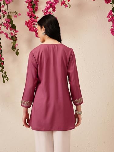 Image of QAZMI Women's Naila Kashmiri Aari Embroidered Viscose Rayon Full Sleeves A-Line Short Kurti