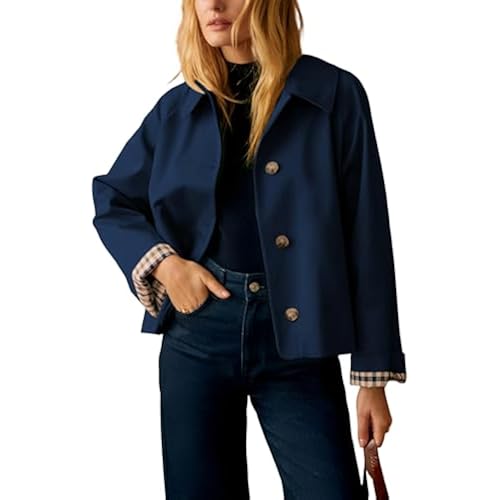 Dqbeng Womens Short Trench Jacket Plaid Lining Button Front Lightweight Classic Casual Outerwear with Pockets
