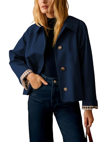 Dqbeng Womens Short Trench Jacket Plaid Lining Button Front Lightweight Classic Casual Outerwear with Pockets (Navy-S)