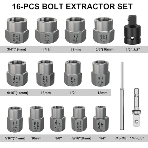 STREBITO Bolt Extractor Kit, 16PCS Cr-Mo Steel Bolt Extractor Scoket Set - image 2