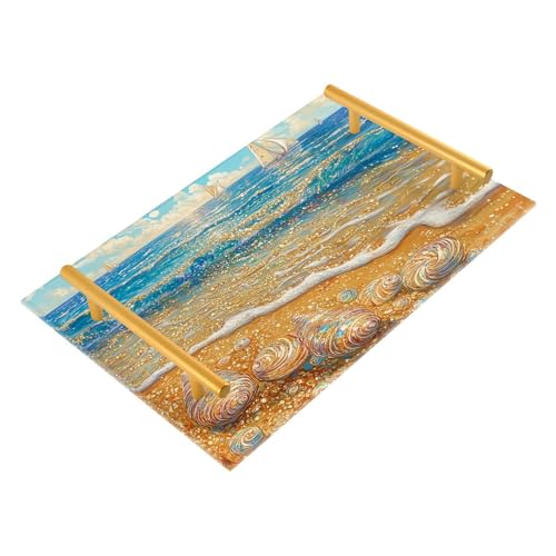 GUIJI Beach & Sailing Acrylic Tray, Perfume Cosmetic Jewelry Decorative Trays Bathtub Organizer, Living Room Kitchen Serving Tray with Gold Handles