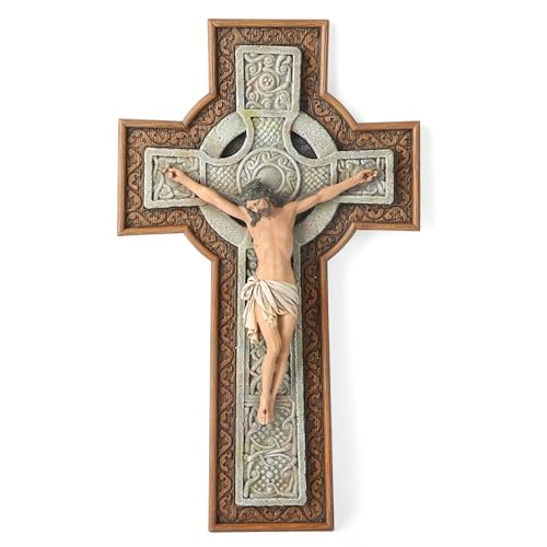 BC Catholic Crucifix Wall Cross, Celtic Pattern Cross, Religious Gift, Wood Stone Carve Looking, 12” H Handmade by Buildclassic