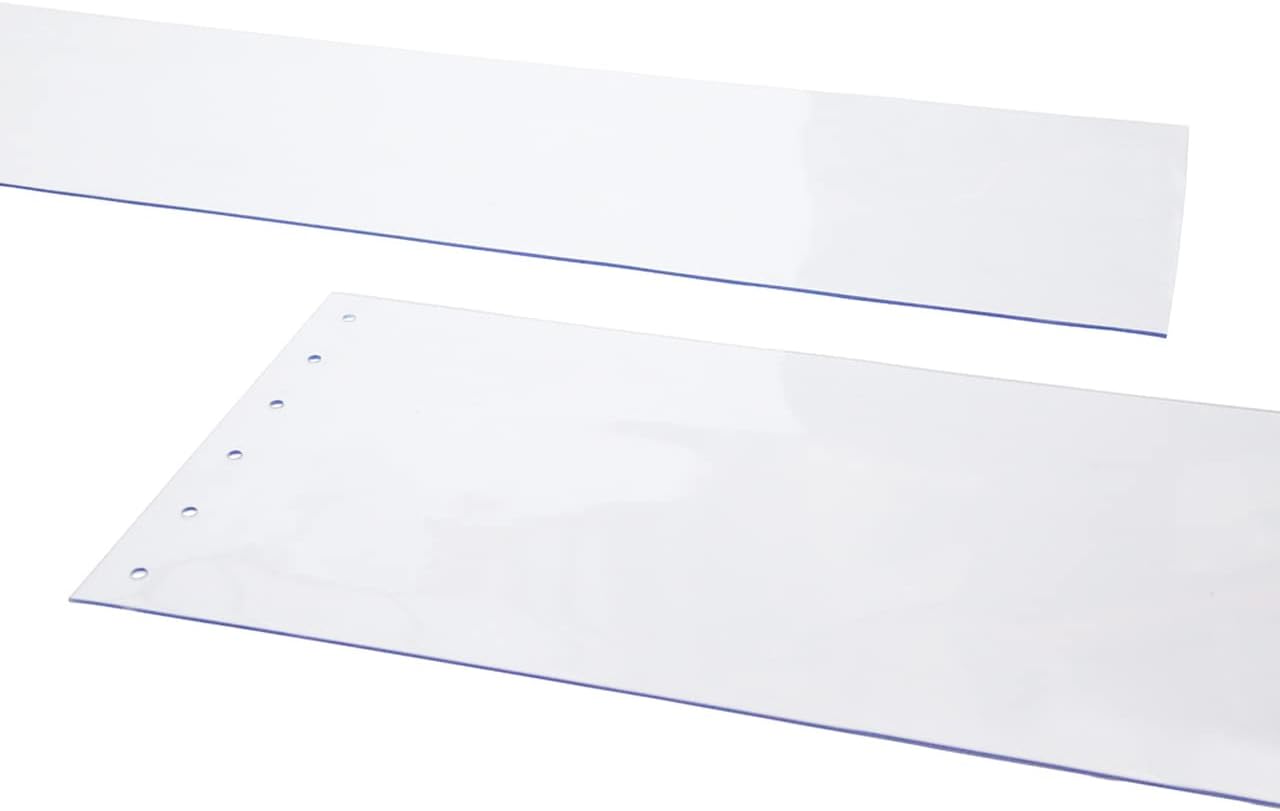 Close-up of clear vinyl strips with pre-punched holes