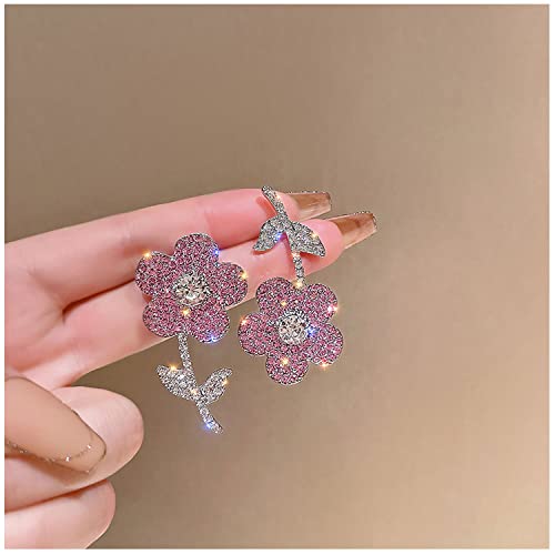 Brincos de flores para mulheres, brincos assimétricos de flor doce e diamante rosa, brincos feminino