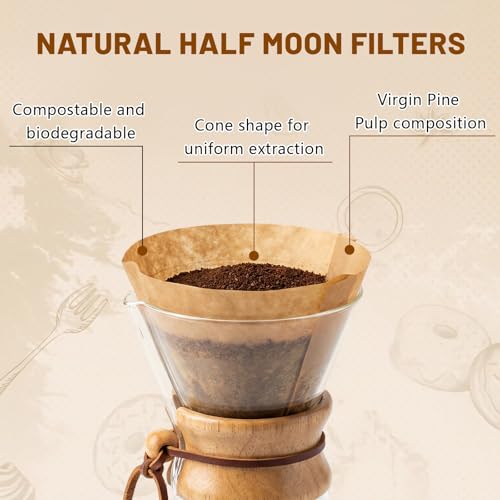 Image of LemonRoad 200 Count Coffee Filters Natural Unbleached Bonded Paper Half Moon Pre-folded Filters Fits 3-6 Cup & Most Conical Pour over Coffee Makers