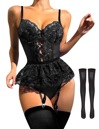 ROSVAJFY Womens Garter Teddy Lingerie Set With Stockings Floral Lace Naughty Bodysuit Strappy One Piece Babydoll Nightwear Sexy Deep V Cutout Jumpsuit Mesh Sleepwear (Black L)