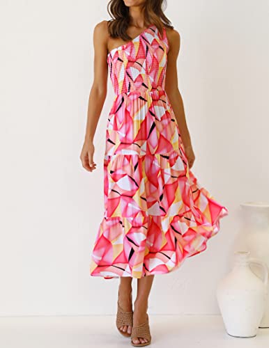 Image of ZESICA Women's 2026 Bohemian Summer Floral Print One Shoulder Sleeveless Smocked Ruffle Tiered Beach Long Midi Dress
