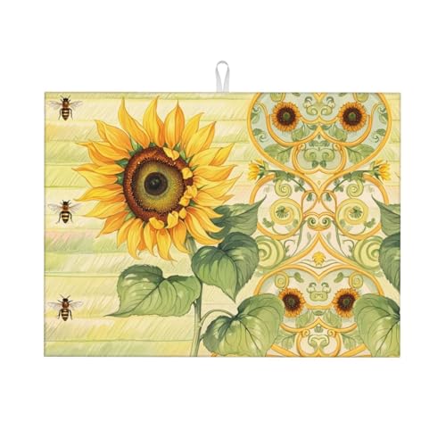 Sunflower Bee Dish Drying Mat Highly Absorbent Double-Sided Microfiber with Hanging Loop Reversible Drain Dish Rack Mat Drain Mat Suitable for Kitchen Countertop Coffee Bar 18 x 24 Inch
