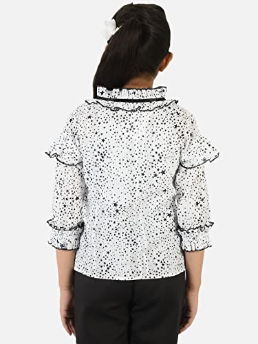 Image of Natilene Black & White Star Print Ruffled Top with Tie-Up for Girls