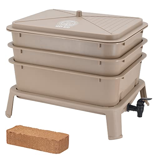 Worm Nerd WN53 4-Tray Worm Composting Bin Kit with Coco Coir Brick for Recycling Food Waste, Worm Castings, Worm Tea, Vermiculture and Vermicomposting, Tan -  Arcadia Garden Products