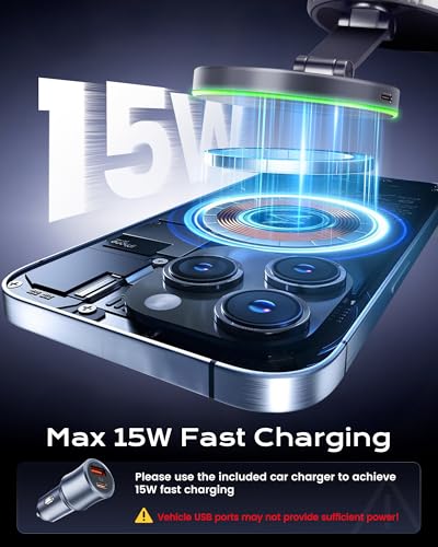 Image of Magnetic Phone Charging Holder Mount for Magsafe Car Mount Charger, 15W Fast Charger Wireless [108+LBS Suction & 3800gf Magnetic], 360 Adjustable Vacuum Holder for iPhone 12-17 series (with Adapter)