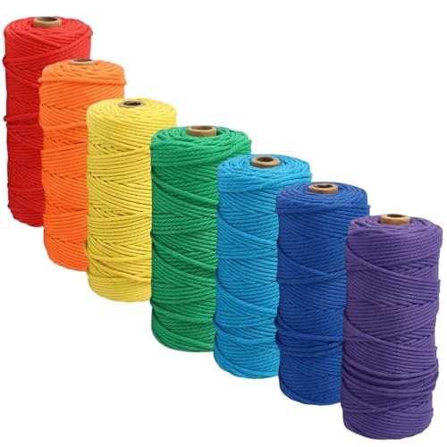 HSTWODE 7 cuerdas de algodón, 2/3/4 mm, hilo de macramé, 7 colores, cuerda de algodón multicolor para manualidades, plantas colgantes, colgantes, manualidades, punto bohemio, decoración para colgar en
