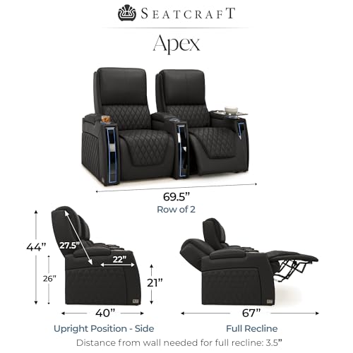 Image of Seatcraft Apex Black Italian Leather Home Theater Seating, Zero Gravity Power Recliner, Powered Headrest and Lumbar Gaming and Home Office Chair, Lounge Sofa Furniture for Cinema Room, Row of 2