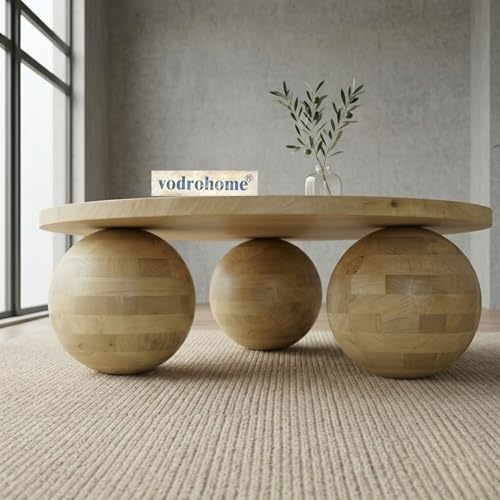 Image of Solid Mango Wood Modern - Round Coffee Table with Ball Shape Base - Bohemian Solid Wood Coffee Table for Office and Living Room C#058 (Natural)
