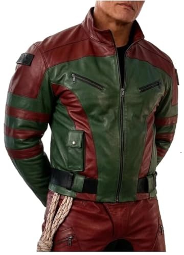 Veste de motard homme en cuir rouge et vert idéale pour rasso et cosplay