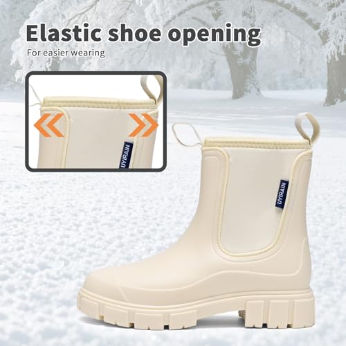 GemChve Gummistiefel Damen Winter, Chelsea Boots Gefüttert Wasserdicht, Gummistiefeletten Halbhohe Gartenschuhe, Rutschsicher Regenschuhe, Abriebfest Komfort Schlupfstiefel White 39 EU