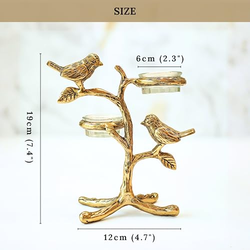 Image of BEHOMA Metal Romantic Love Birds Tree Candle Holder | Blessing Birds Tea Light Centerpiece for Home Decor & Living Room | Couple Gift for Valentine's Day, Wedding, Anniversary & Housewarming - Gold